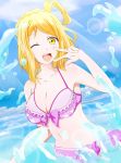  &gt;;d 1girl bikini blonde_hair love_live! love_live!_sunshine!! meimumi_(pixiv_id_2879538) ohara_mari partially_submerged pixiv purple_bikini sky solo splash splashing water wink 