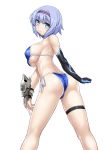  1girl aqua_eyes arm ass asymmetrical_gloves back bare_arms bare_legs bare_shoulders bikini black_gloves blue_bikini blue_hair blue_swimsuit blush bnc_(bunshi) breasts c: clenched_hand closed_mouth elbow_gloves eyebrows_visible_through_hair female from_behind gloves hairband highres isekai_wa_smartphone_to_tomo_ni. large_breasts legband legs linse_shileska looking_at_viewer looking_back short_hair side-tie_bikini sideboob simple_background single_elbow_glove single_glove smile solo standing string_bikini swimsuit thigh_strap under_boob white_background 