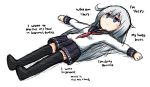  1girl black_legwear blue_eyes english female_pervert hibiki_(kantai_collection) kantai_collection long_hair lying on_back pervert raythalosm school_uniform serafuku sketch solo thigh-highs white_hair 