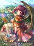  1girl arm_support artist_request bangs bird clouds company_connection copyright_name day dragon_girl dress eyebrows_visible_through_hair fire_emblem fire_emblem:_seima_no_kouseki fire_emblem_cipher flower forest looking_at_viewer looking_back mamkute myrrh nature official_art outdoors purple_hair short_dress short_hair short_twintails sitting sky solo sunlight twintails violet_eyes wings 