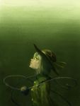  1girl amino_(tn7135) black_hat bubble collared_shirt from_side gradient gradient_background green_background green_eyes hat hat_ribbon komeiji_koishi looking_up open_mouth ribbon shadow shirt silver_hair solo submerged third_eye touhou underwater upper_body yellow_ribbon yellow_shirt 