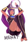  1girl :o bangs blunt_bangs bob_cut character_name crystal_ball dark_skin fingerless_gloves gloves green_eyes highres looking_at_viewer menat purple_hair short_hair solo stirrup_legwear street_fighter street_fighter_v tetsu_(kimuchi) thigh-highs 