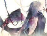  1boy bandage black_dress black_wings dress feathered_wings from_behind gradient gradient_background grey_eyes grey_hair kuroyuki long_hair looking_to_the_side male_focus mouth_hold open-back_dress original profile solo white_background wings 