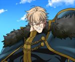  1boy ahoge angry blonde_hair blue_sky cape clenched_teeth clouds dragon_ball dragonball_z fate/extra fate/grand_order fate_(series) fur_trim gawain_(fate/extra) male_focus muscle no_pupils short_hair sky solo teeth toriyama_akira_(style) upper_body 