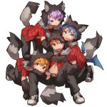  4boys animal_costume animal_ears belt blue_eyes blue_hair brown_eyes brown_hair demon_boy demon_wings dog_ears dogboy fang geetgeet gloves ledo_vassar male_focus midriff mini_wings multiple_boys navel open_mouth paw_gloves paws pointy_ears pop-up_story purple_hair selim_spark shoes sneakers tail violet_eyes wings wolf_costume wolf_hood wolf_tail yuri_ressen ziz_glover 