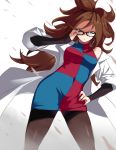  1girl android_21 black-framed_eyewear blue_eyes breasts brown_hair ceda_(dace) curly_hair dragon_ball dragon_ball_fighterz dress earrings glasses hoop_earrings jewelry labcoat long_hair looking_at_viewer nail_polish pantyhose redhead solo 