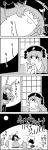  2girls 4koma :x animal_ears arms_up baozi blindfold blindfold_removed bunny_tail carrying comic commentary_request dress food full_moon futatsuiwa_mamizou greyscale hat highres holding_blindfold inaba_tewi jacket junko_(touhou) kine long_hair mochitsuki monochrome moon mortar multiple_girls night pom_pom_(clothes) rabbit rabbit_ears raccoon_ears raccoon_tail reisen_udongein_inaba sitting skirt smile tail tani_takeshi touhou translation_request yukkuri_shiteitte_ne 