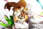  2girls altera_(fate) bare_shoulders black_nails bow brown_eyes brown_hair collarbone commentary_request dress face-to-face fate/extella fate/extra fate_(series) green_bow hug kishinami_hakuno_(female) long_hair looking_at_another multiple_girls nail_polish oiun red_eyes ribbon smile veil white_background white_dress white_hair yuri 