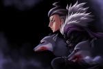  1boy belt black_hair blood dangan_ronpa forehead_mark fur_trim lowres profile red_eyes scar short_hair silver_hair super_dangan_ronpa_2 tanaka_gandamu two-tone_hair wolf 