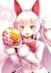  1girl absurdres animal_ears blush bow eyebrows_visible_through_hair highres japari_symbol kanzakietc kemono_friends long_hair long_sleeves looking_at_viewer oinari-sama_(kemono_friends) open_mouth red_bow smile solo tail white_hair yellow_eyes 