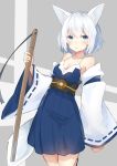  1girl animal_ears bare_shoulders blue_eyes blue_skirt blush breasts cleavage closed_mouth collarbone cube_(cube00) eyebrows_visible_through_hair highres looking_at_viewer medium_breasts original pout short_hair skirt solo standing white_hair 
