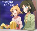  2girls :d black_hair blue_eyes blush brown_eyes brown_hair hair_ornament hairclip highres hood hoodie kohinata_miku merry_christmas multiple_girls open_mouth pink_hoodie scarf senki_zesshou_symphogear short_hair sky smile star_(sky) starry_sky tachibana_hibiki_(symphogear) yamabuki_hiiro 