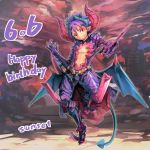  1boy blue_hair dated demon_boy fang geetgeet grin happy_birthday looking_at_viewer open_clothes pop-up_story red_eyes smile solo ziz_glover 