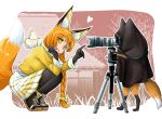  1girl animal animal_ears bangs black_gloves black_legwear blush camera chin_rest clothed_animal doitsuken eyebrows_visible_through_hair fang fox fox_ears fox_tail gloves heart highres long_sleeves looking_at_another open_mouth orange_hair original outdoors pantyhose pleated_skirt pointing scarf shirt skirt slit_pupils squatting tail white_scarf white_skirt yellow_eyes yellow_shirt 