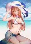  1girl bangs beach blue_sky blush breasts brown_hair closed_mouth clouds cloudy_sky crossed_bangs day eyebrows_visible_through_hair girls_frontline hair_between_eyes halter_top halterneck hanato_(seonoaiko) hand_up hat long_hair looking_at_viewer m1903_springfield_(girls_frontline) medium_breasts navel o-ring_top ocean outdoors rainbow sarong sidelocks sitting sky smile solo_focus sun_hat thighs tsurime twitter_username yellow_eyes yokozuwari 