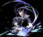  1boy black_background black_eyes black_hair black_jacket cofffee covering_mouth fighting_stance hair_between_eyes hand_over_own_mouth high_collar jacket male_focus naruto_(series) rope short_hair short_sleeves solo spiky_hair uchiha_sasuke upper_body wristband 