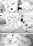  /\/\/\ 1629doyasa 1girl absurdres alternate_hair_length alternate_hairstyle animal_ears bed_sheet blanket blush breasts cleavage close-up comic grin highres japari_symbol kemono_friends large_breasts looking_at_viewer lying monochrome naughty_face on_bed on_side open_mouth pillow pov serval_(kemono_friends) serval_ears serval_print serval_tail silent_comic skirt skirt_removed sleepy sleeveless smile solo striped_tail tail undressing unzipping 