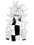  1girl android_21 black-framed_eyewear breasts curly_hair dragon_ball dragon_ball_fighterz drawn dress earrings glasses highres hoop_earrings jewelry labcoat long_hair looking_at_viewer medium_breasts pantyhose solo 