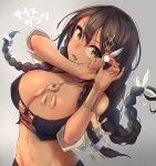  1girl arm_up azur_lane bangs braid breasts brown_eyes brown_hair cleavage crop_top eyebrows_visible_through_hair grey_background hair_between_eyes hair_ornament hand_up highres jewelry large_breasts long_hair looking_at_viewer mappaninatta navel necklace open_mouth simple_background solo south_dakota_(azur_lane) teeth upper_body 