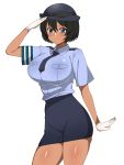  1girl black_hair blue_eyes blush gloves hat highres kagemusha necktie original pencil_skirt police police_uniform policewoman salute short_hair simple_background skirt smile solo tan uniform white_background white_gloves 