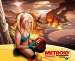  1girl bikini blue_bikini blue_eyes breasts cleavage explosion fingerless_gloves gloves headwear_removed helmet helmet_removed lips long_hair medium_breasts metroid metroid_(classic) navel nintendo nose over-kneehighs revision samus_aran solo straddling strap_gap sweat sweating swimsuit tekuho_no_habo thigh-highs wet 