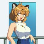  1girl 90s alternate_costume animal_ears anime_coloring bare_arms bare_shoulders blonde_hair blue_background commentary_request iwahana jaguar_(kemono_friends) jaguar_ears jewelry kemono_friends leaning_against_railing necklace oldschool open_mouth pants parody pendant railing shirt short_hair sleeveless sleeveless_shirt smile solo style_parody white_background yellow_eyes 