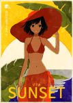  1girl bare_arms bare_shoulders bikini breasts cover cowboy_shot fake_cover green_eyes hand_on_headwear hat kurokeisin leaf looking_at_viewer medium_breasts original parted_lips red_bikini red_hat sarong short_hair smile solo standing sun sun_hat swimsuit 