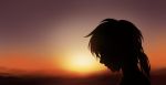  1boy bangs closed_mouth commentary_request link long_hair male_focus outdoors ponytail profile shangguan_feiying silhouette solo sunset the_legend_of_zelda 