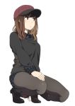  1girl black_legwear boots breasts brown_eyes brown_hair full_body hand_on_own_knee hat long_sleeves looking_away mattaku_mousuke medium_breasts medium_hair original pantyhose parted_lips plaid plaid_hat simple_background solo squatting sweater white_background 