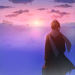  1boy back_turned clouds cloudy_sky coat day edward_elric fullmetal_alchemist long_hair male_focus out_of_frame ponytail riru scarf sky sunset 