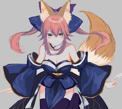  1girl animal_ears bad_id bad_pixiv_id bare_shoulders blue_kimono blush bow breasts cleavage closed_mouth detached_sleeves fate/extra fate_(series) fox_ears fox_tail grey_background hair_between_eyes hair_bow highres japanese_clothes kimono large_breasts long_sleeves p2_(uxjzz) pink_hair purple_legwear sash simple_background smile solo tail tamamo_(fate)_(all) tamamo_no_mae_(fate) thigh-highs twintails wide_sleeves yellow_eyes 