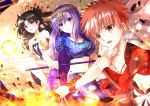  1boy 2girls :d black_hair brown_eyes commentary_request earrings emiya_shirou energy_ball fate/grand_order fate/stay_night fate_(series) fire headband holding indian_clothes iroha_(shiki) ishtar_(fate/grand_order) jewelry katana limited/zero_over long_hair matou_sakura multiple_girls navel necklace open_mouth parvati_(fate/grand_order) polearm purple_hair red_eyes redhead smile sword tiara tohsaka_rin trident two_side_up violet_eyes weapon 