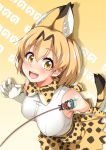  2girls :&gt; animal_ears blush bow bowtie breasts cla_(torinabe) elbow_gloves eyebrows_visible_through_hair from_above gloves high-waist_skirt highres japari_symbol kaban_(kemono_friends) kemono_friends large_breasts looking_at_viewer minigirl multiple_girls o_o open_mouth print_gloves print_neckwear print_skirt serval_(kemono_friends) serval_ears serval_print serval_tail shirt skirt sleeveless sleeveless_shirt solo_focus striped_tail tail upper_body yellow_eyes 