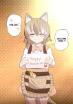  1girl animal_ears apron arkeden_razeare bad_id bad_pixiv_id bags_under_eyes bow bowtie brown_eyes character_doll empty_eyes english_text hair_between_eyes holding holding_sign light_brown_hair long_sleeves looking_at_viewer multicolored_hair serval_(kemono_friends) shirt short_hair sign skirt smile solo speech_bubble standing thigh-highs thylacine_(kemono_friends) thylacine_ears thylacine_tail white_hair 