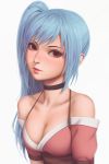  1girl bangs bare_shoulders black_neckwear blue_hair blush breasts choker cleavage closed_mouth collarbone commission eyelashes head_tilt highres lips looking_at_viewer medium_breasts miura-n315 nose_blush off-shoulder_shirt original red_eyes shirt short_sleeves simple_background solo upper_body white_background 
