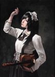  1girl ascot black_background black_hair brown_hair cowboy_shot hairband hand_up highres holding imai_takahiro instrument lips maid_headdress oil_painting_(medium) original pale_skin signature simple_background skirt solo suspender_skirt suspenders texture violin 