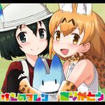  2girls :d animal_ears backpack bag bare_shoulders black_eyes black_gloves black_hair blush bow bowtie bucket_hat closed_mouth copyright_name elbow_gloves gloves hat hat_feather hug iwahana kaban_(kemono_friends) kemono_friends letterboxed looking_at_viewer lucky_beast_(kemono_friends) multiple_girls open_mouth orange_eyes orange_gloves orange_hair orange_neckwear red_shirt serval_(kemono_friends) serval_ears serval_print shirt short_hair sleeveless sleeveless_shirt smile white_shirt 