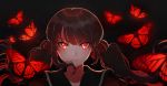  1girl black_background black_hair butterfly dangan_ronpa eyebrows_visible_through_hair floating_hair hair_ornament hair_scrunchie harukawa_maki highres long_hair looking_at_viewer mole mole_under_eye new_dangan_ronpa_v3 portrait red_eyes savi_(byakushimc) scrunchie simple_background solo twintails very_long_hair 