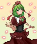  1girl bow commentary_request corset dress frilled_ribbon frills front_ponytail gradient gradient_background green_eyes green_hair hair_bow hair_ribbon kagiyama_hina looking_at_viewer petals red_bow red_dress red_ribbon ribbon royaleden sketch smile solo touhou 