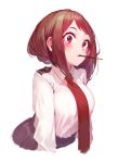  1girl boku_no_hero_academia breasts brown_eyes brown_hair chocolate collared_shirt cropped_torso eyebrows food food_in_mouth hakura_kusa highres large_breasts leaning_forward long_sleeves pleated_skirt pocky pocky_day red_neckwear school_uniform shirt short_hair skirt smile solo upper_body uraraka_ochako 