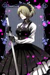  1girl black_dress black_gloves black_hairband blue_neckwear dangan_ronpa dress eyebrows_visible_through_hair gloves green_eyes green_hair hair_over_one_eye hairband hasumi_hiko holding looking_at_viewer maid necktie new_dangan_ronpa_v3 open_mouth pinafore_dress shirt short_hair sleeveless sleeveless_dress solo standing toujou_kirumi white_shirt 