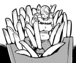 1girl akairiot belly breasts closed_eyes commentary eating elf elf-san_wa_yaserarenai. erufuda-san food food_on_face french_fries greyscale large_breasts monochrome plump pointy_ears shirt t-shirt 