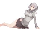  1girl arm_support bangs black_skirt breasts grey_eyes grey_hair grey_sweater highres inushi kantai_collection kashima_(kantai_collection) legs long_hair looking_at_viewer lying medium_breasts on_side parted_lips pleated_skirt ribbed_sweater sidelocks simple_background skirt solo sweater turtleneck turtleneck_sweater twintails white_background 