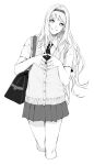  1girl absurdres bag breast_pocket collared_shirt cropped_legs eyebrows_visible_through_hair fingers_together greyscale hairband highres long_hair looking_at_viewer mole mole_under_mouth monochrome necktie original pleated_skirt pocket school_bag school_uniform shirt short_hair shoulder_bag simple_background skirt smile solo standing vest vice_(kuronekohadokoheiku) white_background 