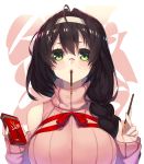  1girl absurdres bangs black_hair blush braid breasts food glasses green_eyes hair_between_eyes hair_ornament hair_over_shoulder hairband hands_up highres holding holding_food jam_(nandade) large_breasts long_hair looking_at_viewer mouth_hold original pink_sweater pocky pocky_day red_ribbon ribbed_sweater ribbon rimless_eyewear round_eyewear side_braid sleeves_past_wrists solo sweater tareme teeth turtleneck turtleneck_sweater upper_body x_hair_ornament 