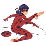  1girl artist_name black_hair blue_eyes bodysuit breasts commentary domino_mask english_commentary feet full_body jumping ladybug_(character) looking_at_viewer mask medium_breasts medium_hair miraculous_ladybug parted_lips polka_dot pose red_bodysuit simple_background smile solo squeezable_(artist) stirrup_legwear toeless_legwear toes white_background yo-yo 