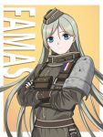  1girl armor belt black_nails blue_eyes character_name closed_mouth crossed_arms er_huaa eyebrows_visible_through_hair famas_(girls_frontline) french_flag frown garrison_cap girls_frontline green_hair hair_between_eyes hat head_tilt highres long_hair nail_polish solo very_long_hair yellow_background 