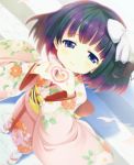  1girl artist_request black_hair blue_eyes copyright_request from_above hands_together hatsumi_ruri heart heart_hands japanese_clothes kimono looking_up obi ribbon sandals sash short_hair side_ponytail smile solo tabi 