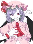  1girl bat_wings character_name hat highres mob_cap pink_hat pink_shirt puffy_short_sleeves puffy_sleeves purple_hair red_eyes red_nails remilia_scarlet shirt short_hair short_sleeves simple_background smile solo touhou upper_body white_background wings yagisan1578 