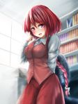  1girl blush book bookshelf bow breasts chair hair_bow long_braid long_hair looking_at_viewer medium_breasts office_chair okazaki_yumemi open_mouth papers red_eyes redhead shirt skirt smile solo teruteru12 touhou touhou_(pc-98) vest window 